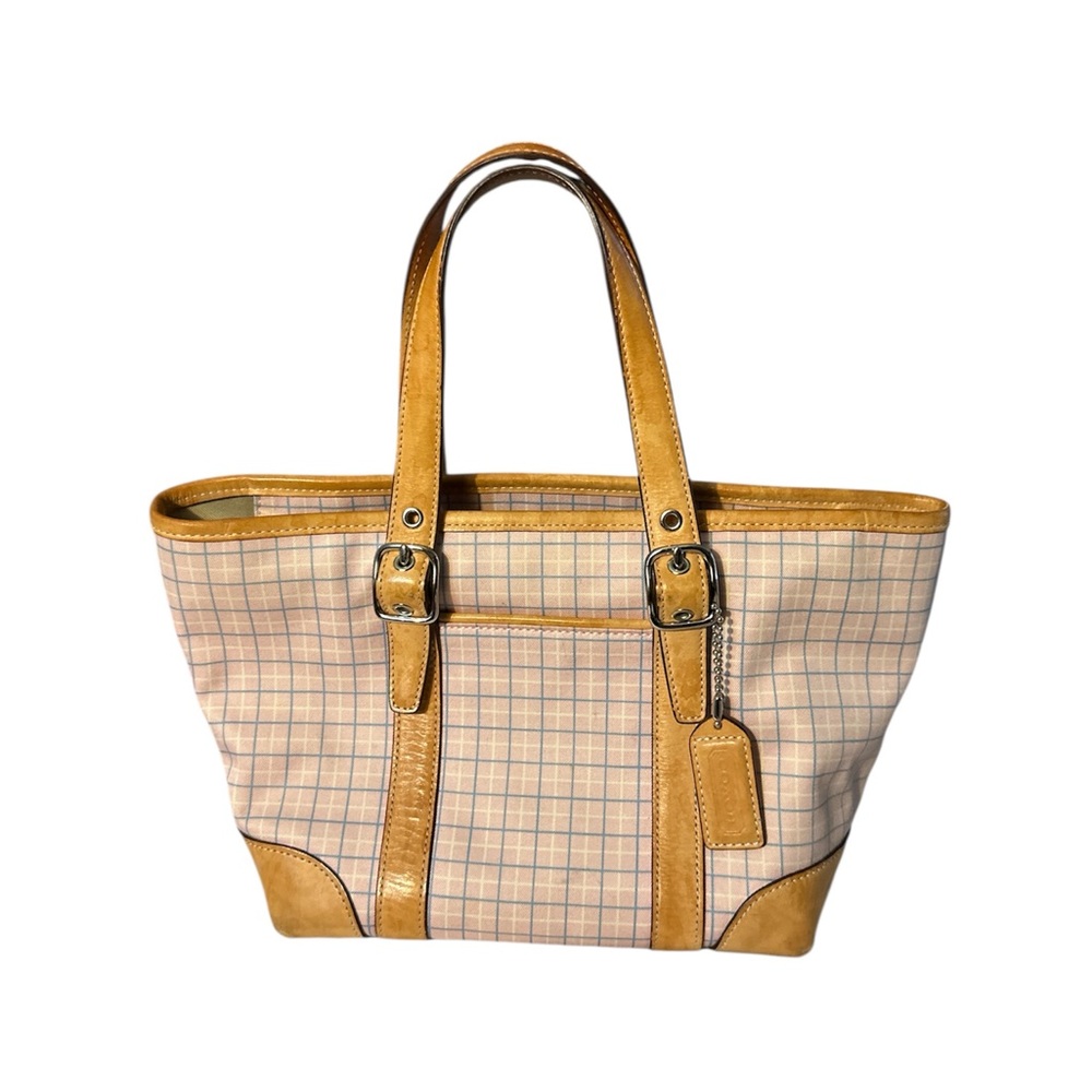 Coach y2k Hampton pink and blue Plaid Tote Bag tan leather trim silver accents
